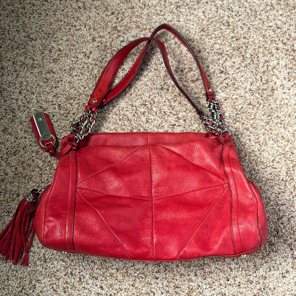 B Makowsky Red Pebbled Leather Hobo Shoulder Bag Silver Hardware Purse - Picture 6 of 11